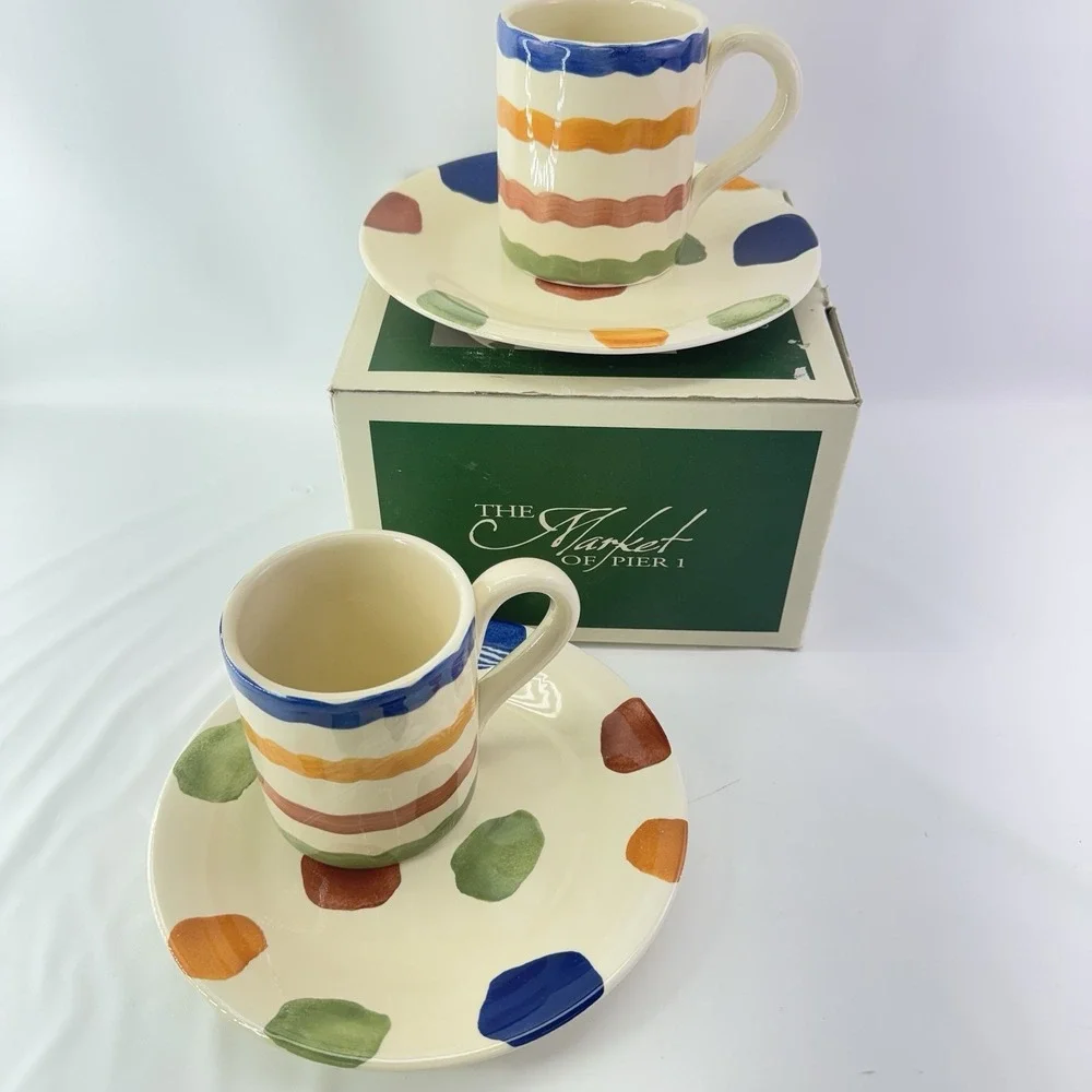 Pier 1 Italy Handpainted Stripe Polka Dot Cafe For Two Mug Plate Set Box Rare